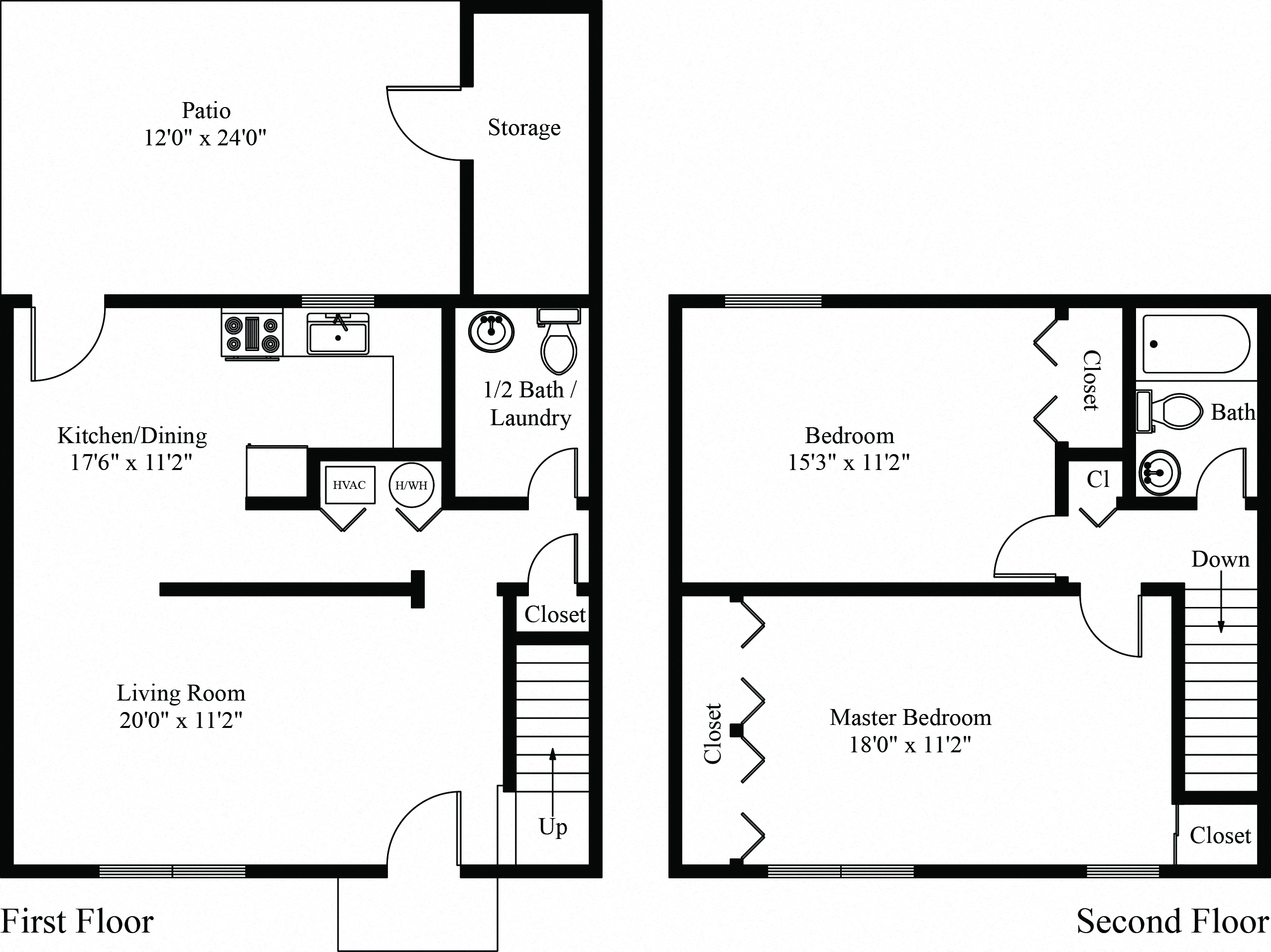 Floor plan for 2 beds, 1.5 baths, 1128 sqft